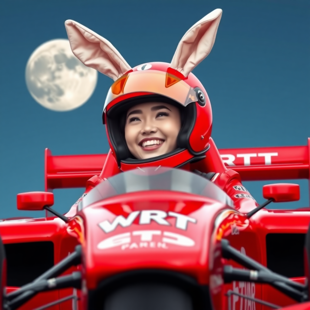 A red racing car with "WRT" written on it, a laughing Chinese female racer wearing a full-face helmet with the visor lifted, and rabbit ears on the helmet, with a super-sized moon in the background.