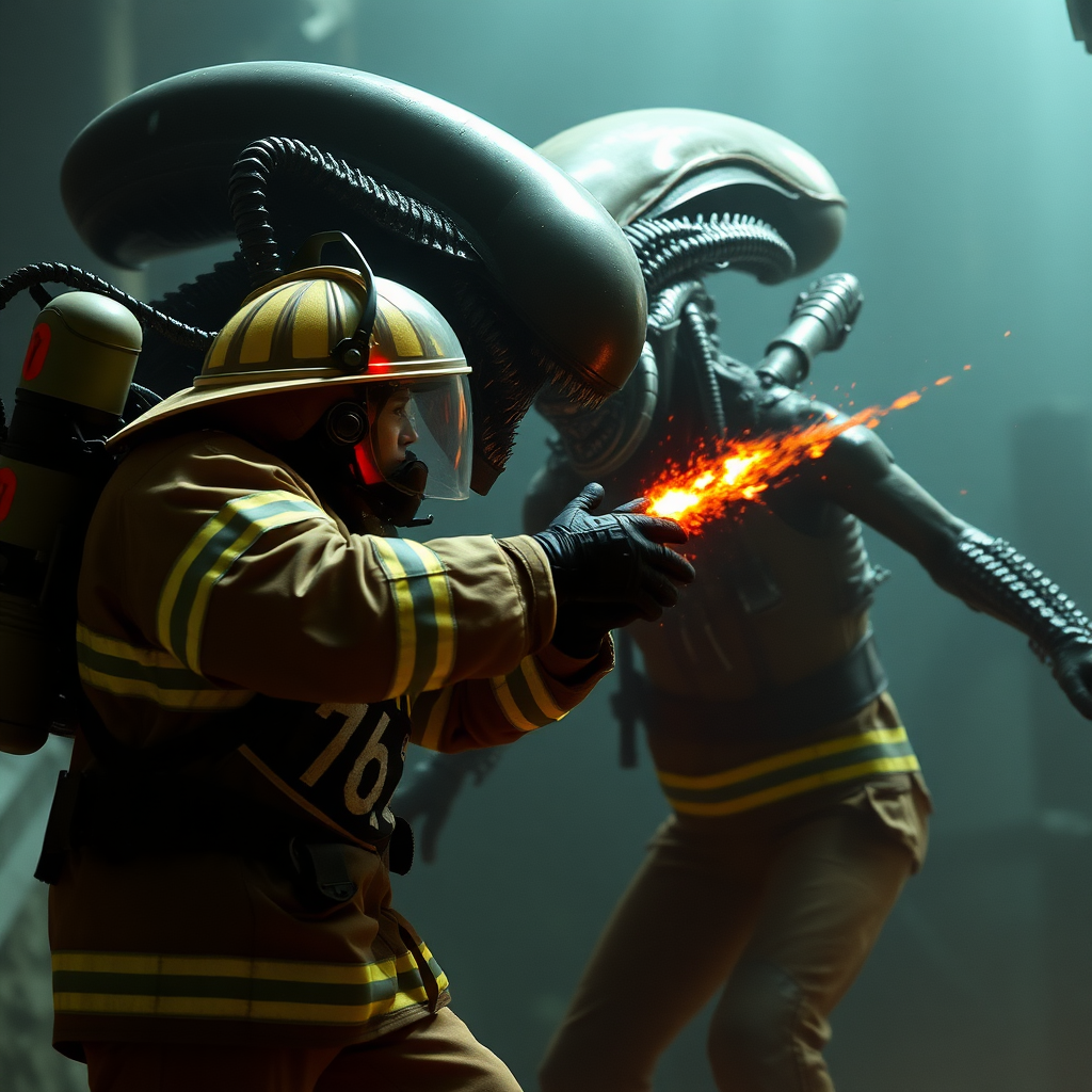 A firefighter fighting against a xenomorph from Alien