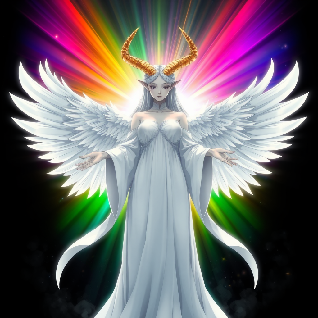 (Anime-styled art) Set against a pitch-black backdrop, a radiant, shimmering barrier glows in a vibrant spectrum of rainbow-like colors. At its core stands a powerful, godlike woman—completely faceless, lacking eyes, mouth, or lips—her presence both angelic and deeply unsettling. Her skin is a pale, pure-silver white, exuding an otherworldly sheen. From her head curve two golden, goat-like horns, adding to her eerie and divine aura. Four massive angelic wings spread from her back, their soft glow illuminating the darkness around her. She is draped in flowing white robes, rippling with divine energy, her outstretched hands channeling a mysterious, otherworldly force. Her ethereal form strikes a perfect balance between beauty and dread, captivating and terrifying all at once.