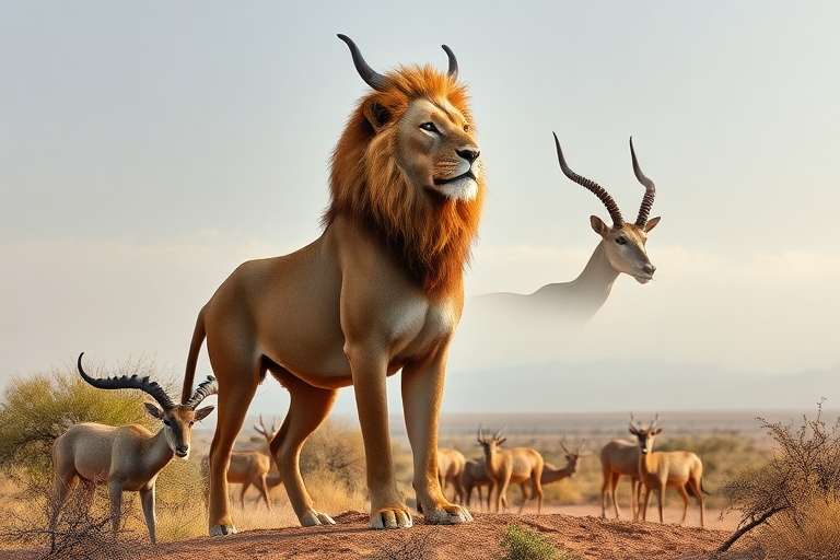 A photorealistic full-length image of a lion possessing the musculature and silhouette of an antelope, its head remaining intact complete with facial features, skin, and fur. The background should draw inspiration from both the lion and antelope, seamlessly blending their distinct characteristics to create a visually striking and cohesive scene. The lion's mane should flow gracefully, contrasting with the antelope's sleek, streamlined form. The landscape should feature elements found in the habitats of both animals, creating an imaginative and naturalistic environment. Attention to detail is essential, ensuring the fusion of these two distinct species appears seamless and believable.