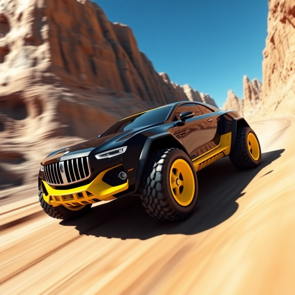 A 3D render of a futuristic Maybach supercar with off-road tires. The car is inspired by the and has a black and yellow color scheme. The car is driving through a canyon with steep cliffs. The background is clear blue sky.