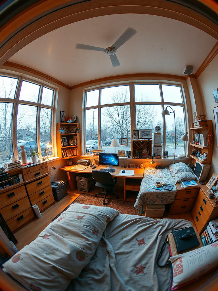 A bustling bedroom office with expansive windows, a cozy sleeping area, and a modern laptop, filled with numerous knick-knacks, showcasing a mix of wood and metal materials, under warm ambient lighting, viewed through a fish-eye lens for a unique perspective, in a hyper-realistic art style.