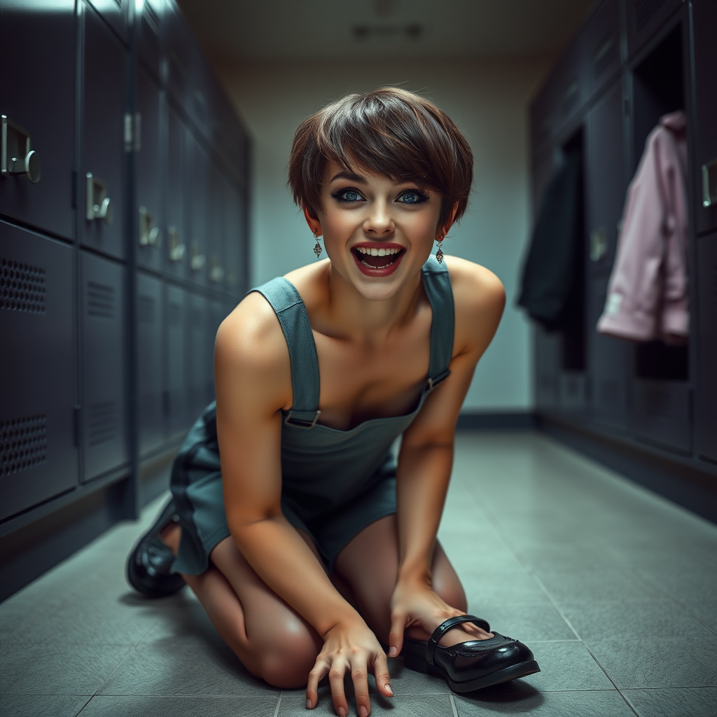 photorealistic, ultra high resolution, 16K, surreal fantasy, soft studio lighting, Tyler Swift is a pretty 17 year old goth male, slim male physique, short dark hair, blue eyes, goth makeup, earrings, sheer grey pantyhose, UK girls-school uniform, Mary-Jane shoes, kneeling on the floor of the locker room looking up at the camera, excited open mouth smile, drooling saliva, facing the camera.