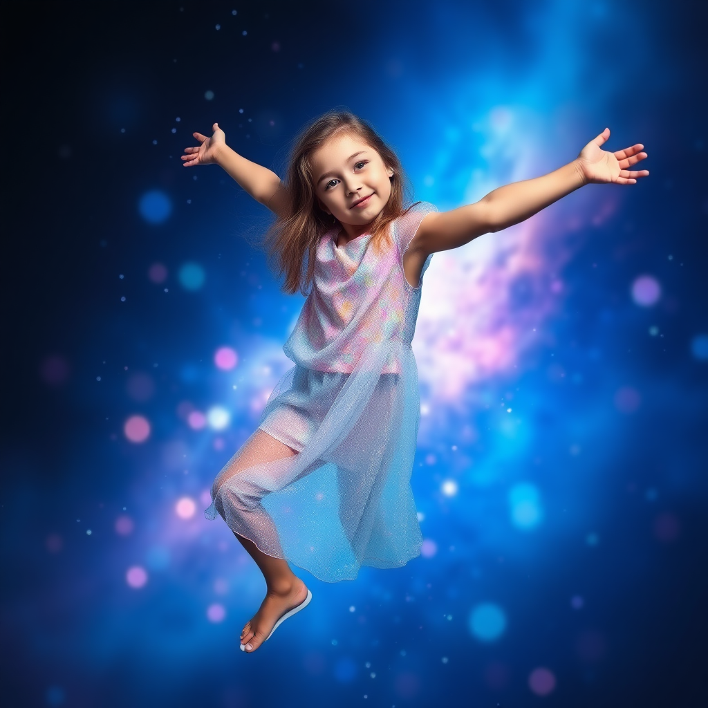 preteen girl in dynamic pose, full body shot, dreamscape, nebula, Bokeh, abstract, brilliant colors, glittering, translucent, iridescent, natural skin, glowing, artistic photo, wide angle, cute, interesting, microscopy, airy, original, experimental, refraction