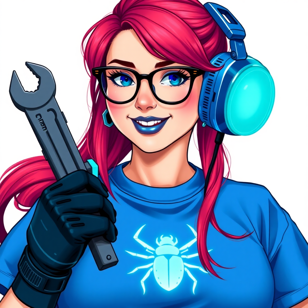 An intelligent and tech-savvy 29-year-old computer hacker and tech genius. She has a long ruby red ponytail. She wears maximum blue lipstick, blue eyes, a sapphire beetle gemstone necklace, sapphire earrings, black eyeglasses, hi-tech power gloves, and an oversized maximum blue t-shirt featuring a neon blue glowing beetle chest icon. She has a gargantuan full-figured physique with a prominent round gargantuan midsection, reflecting her well-cared-for lifestyle. She sports a sapphire headset with a hi-tech maximum turquoise lensed HUD, and a beaming smile accentuated by a passionate neon red blush. She serves as his tech expert from his hideout, holding a futuristic tool wrench and a futuristic digital tablet. The background is solid white. She is drawn as if she was in a retro 2D cyberpunk fighting game.