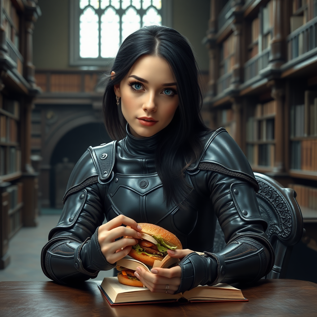 beautiful young woman, dark hair past her shoulders, blue eyes, small, slim figure, wearing full leather armor suit, sitting, sandwich on the table, reading a book, in a grand old library.