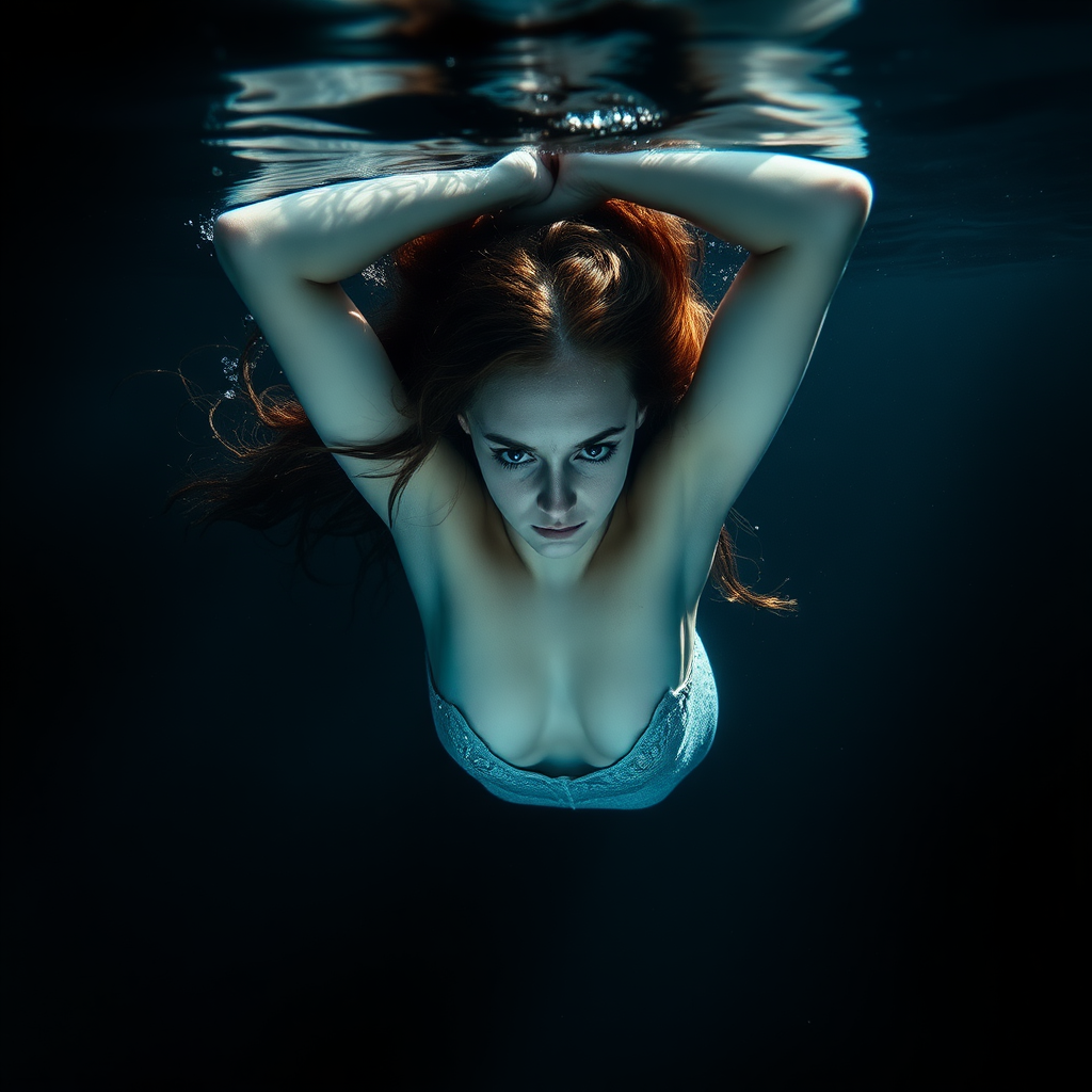 Mermaid floating underwater dark deep waters and dramatic lighting, crystal clear water her arms are up over her head stunning hd DSLR photography, she's facing the viewer looking down deeper into the water. intense and mysterious eye contact.