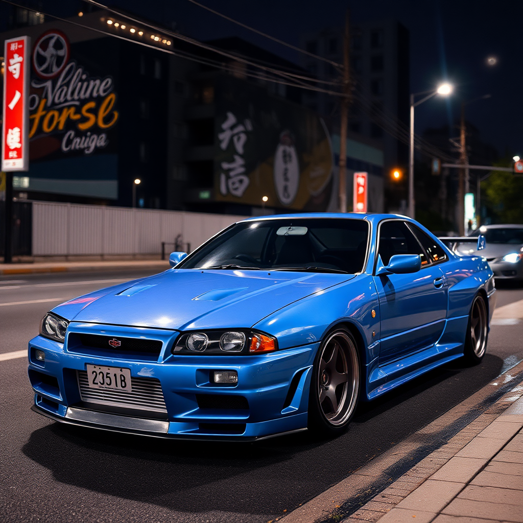 the car is parked on the side of the road, inspired by Taiyō Matsumoto, tumblr, restomod, nd4, c4 metallic shine nissan skyline r34