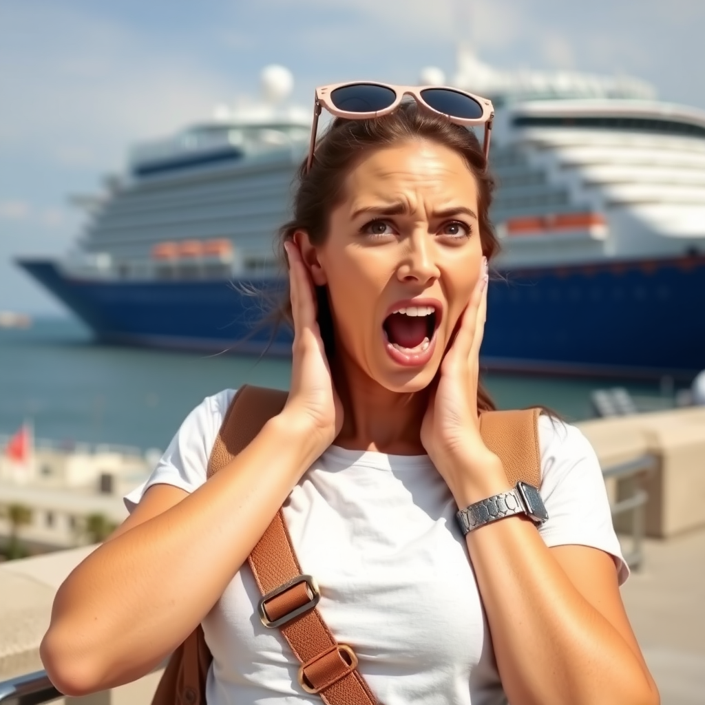 create a photo realistic image of a tourist woman putting her hands on her cheeks, her mouth open as if she's having an expression of someone who is surprised or shocked. On the background there is a cruise ship. Make the image rectangle and not square