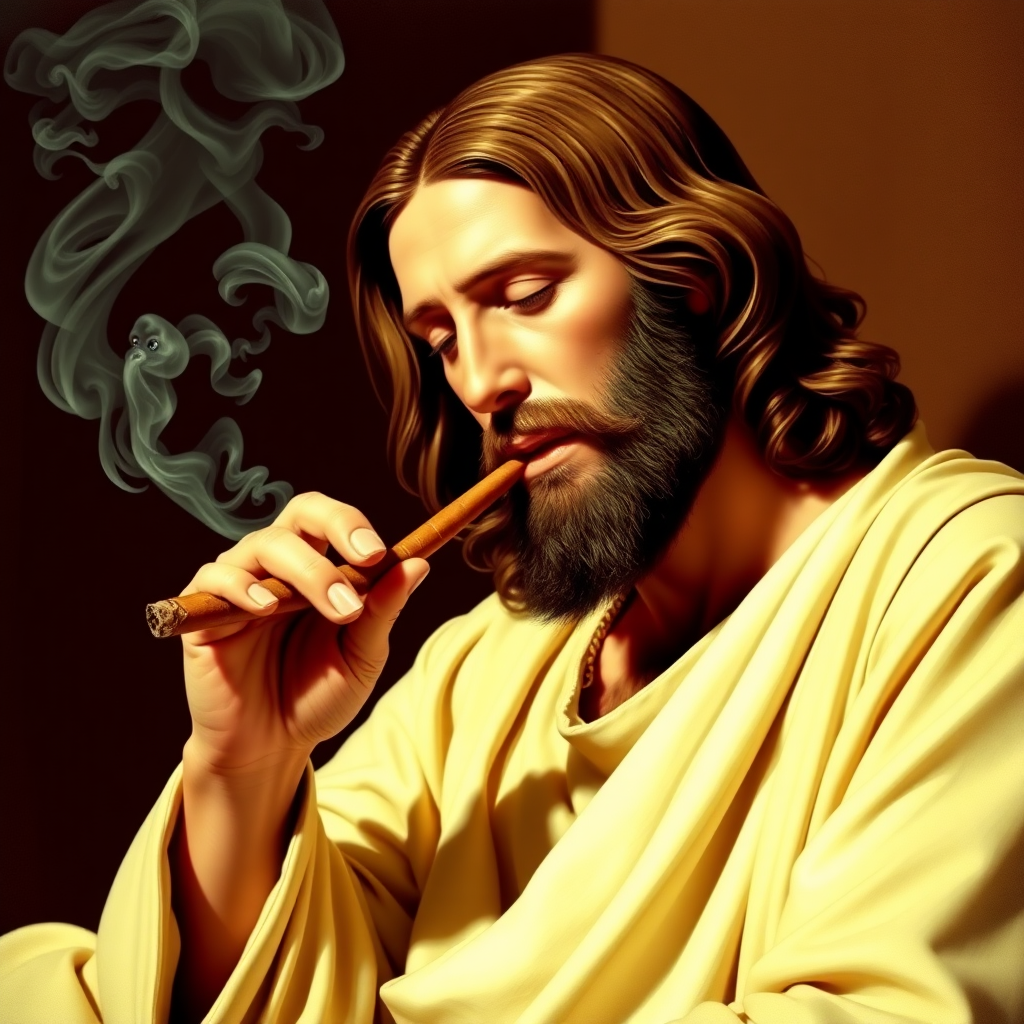 Jesus Christ smoking a cigar.