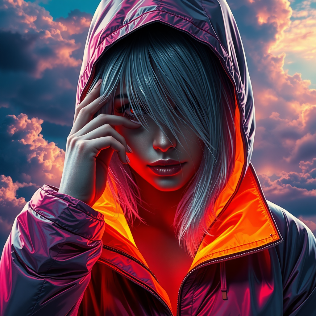 A mysterious beauty is the focal point of this intricate digital artwork, her shining silver hair barely visible beneath a stylish hooded jacket with neon lining. The jacket is made of a reflective, almost metallic material that catches and refracts light in complex ways, creating a visually stunning texture. The figure’s eyes are hidden in the shadows of the hood, adding to the air of mystery and intrigue. The background features a dramatic, on a cold mountain summit, cloud-filled sky, rich with vibrant colors and swirling patterns, as if nature itself is in turmoil or transition. The lighting is intense, with beams of light cutting through the clouds, casting dynamic shadows across the figure’s face and clothing. The overall composition is highly complex, with rich, saturated colors and extreme detail, making every element—from the texture of the jacket to the vibrant sky—stand out with striking clarity and depth.

Fingers lightly touching the temples, indicating concentration