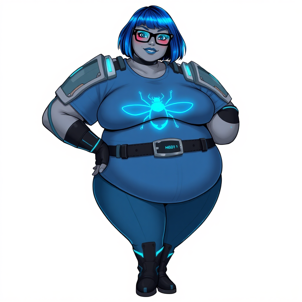 A 28-year-old, full-figured, metallic middle gray skinned, computer program hybrid with a maximum blue bob cut. She has a non-athletic, full-figured build, highlighted by a prominent, round, large midsection (with full emphasis on her large belly). As the full-figured, nerdy, digital sidekick to her cyberpunk vigilante boyfriend, her metallic middle gray skin and maximum blue lipstick emphasize her digital nature. She wears a digital, computerized costume inspired by DC’s Carrie Kelly Robin, consisting of a huge, tight-fitting, maximum blue t-shirt with a neon blue glowing chest icon of a beetle, hi-tech shoulder pads with neon blue accents, a black hi-tech belt with a digital neon blue glowing buckle, digital maximum blue pants with neon blue accents, and black hi-tech fingerless biker gloves with neon blue glowing accents. Her bright blue eyes, black eyeglasses with glowing neon blue lenses with a built-in HUD, and shy smile with neon red blush accentuate her nerdiness. She stands bashfully with one hand behind her back and the other hand gently touching her cheek, her costume covering all her skin and emphasizing her full-figured physique (especially her belly). She is clearly non-athletic, with a heavy focus on her large belly. Despite her build, she radiates beauty. She has a slim face compared to her physique, accentuating her radiant beauty. She is on a solid white background. She is drawn as if she were in a retro 2D cyberpunk fighting game.