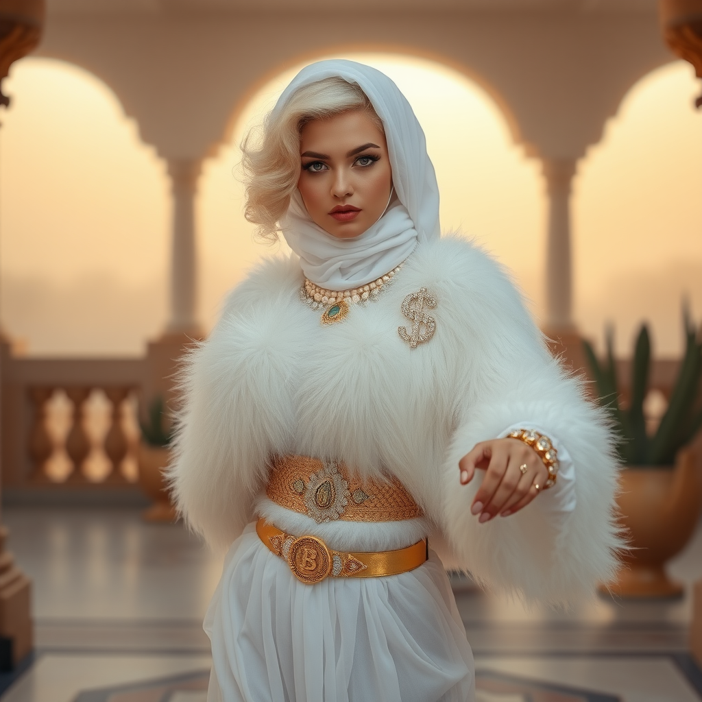 Kuwait desert palace harem patio misty dawn: Melissa, European 17 years old very convincing femboy “trophy-bimbo”, tamed servile docile, very beautiful feminine flawless face, rather short, by hormones very curvaceous womanly figured, platinum blond short tight curls, heavily made-up eyes, wearing Supertanya-style fluffy very fuzzy bright white angora turtleneck-poncho cropped ending under bust decorated with pearls and gemstones, striking oriental wide gold bridal protection belt, white fully transparent harem pants, full Oriental bridal jewelry, face covered by white sheer full Burka, coin anklets, striking diamond “$$$” letter brooch on left chest, pout frustrated, seductively dancing for the sheik, looking at camera. Focus on face and turtleneck-poncho.