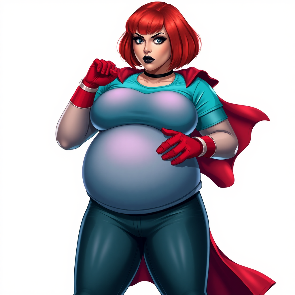 A 26-year-old, full-figured, magical girl vigilante detective becomes the heavily pampered mystical ally of her cyberpunk vigilante older brother figure. She has a bright red bob cut, black lipstick, and piercing bright blue eyes. She has a new non-athletic build, now highlighted by a prominent, round, gargantuan midsection (fully focused on her gargantuan belly), which shows the aftermath of her new pampered lifestyle. Despite her pampered physique, she shows full confidence. She wears a magical girl detective costume consisting of a gargantuan, magical, tight-fitting, maximum turquoise t-shirt (accentuating and emphasizing her gargantuan belly), maximum turquoise biker pants, complemented by a glowing neon red cape, a mystical ruby amulet (which is the source of her mystical powers), and magical red gloves glowing neon red. Her magical girl detective costume covers all her skin and emphasizes her full-figured physique (especially her gargantuan belly). Her stance is firm and resolute, arms crossed, exuding a no-nonsense attitude. Her costume reflects the influence of DC New 52 Prime Earth’s Phantom Lady, Jennifer Knight, while her pose embodies the moral ambiguity and determination reminiscent of DC’s Pax Americana’s The Question. She is on a solid white background. She is drawn as if she was in a retro 2D cyberpunk fighting game. She is clearly non-athletic, with a focus on her full-figured physique (especially her gargantuan belly). Make sure that her costume covers all of her bare skin (especially her gargantuan belly).