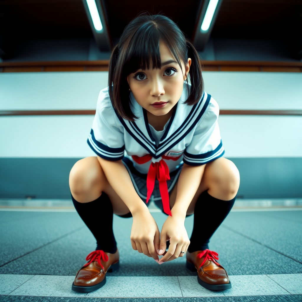 photo low angle POV full body view Japanese woman squatting wearing seifuku uniform looking down at viewer