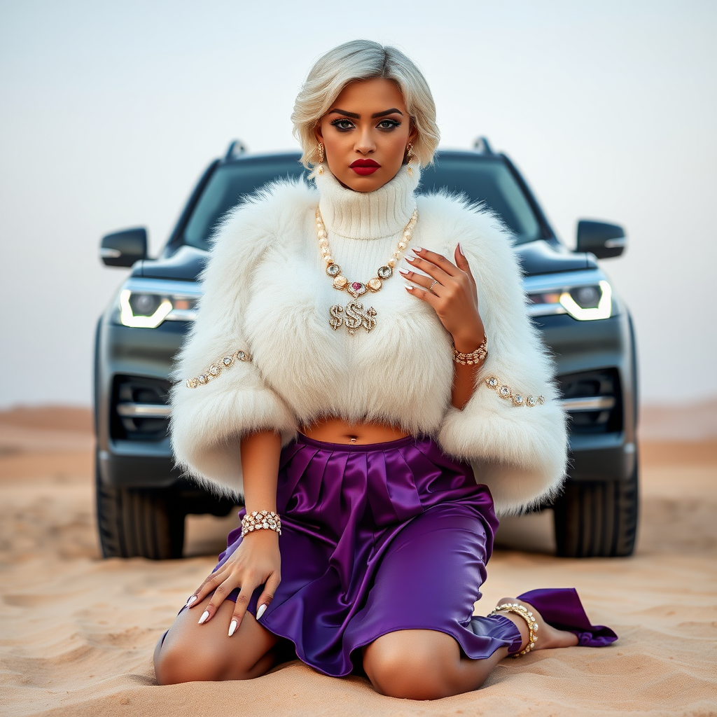 Kuwait desert dunes misty dawn, full size luxury SUV: Melissa, European 17 years old very convincing femboy “trophy-bimbo”, tamed servile docile, very beautiful feminine flawless face, rather short, by hormones very curvaceous womanly figured, platinum blond short tight curls, bold red lips, long white French nails, heavily made-up face, wearing Supertanya-style fluffy very fuzzy bright white angora turtleneck-poncho cropped ending under bust decorated with pearls and glass stones, very tight purple vinyl mini pleated skirt, white pearl belly piercing, full Oriental bridal jewelry including headpiece, coin wristlets, coin anklets, striking diamond “$$$” letter brooch on left chest, pout frustrated, kneeling in sand in front of SUV, looking at camera. Focus on face and turtleneck-poncho.