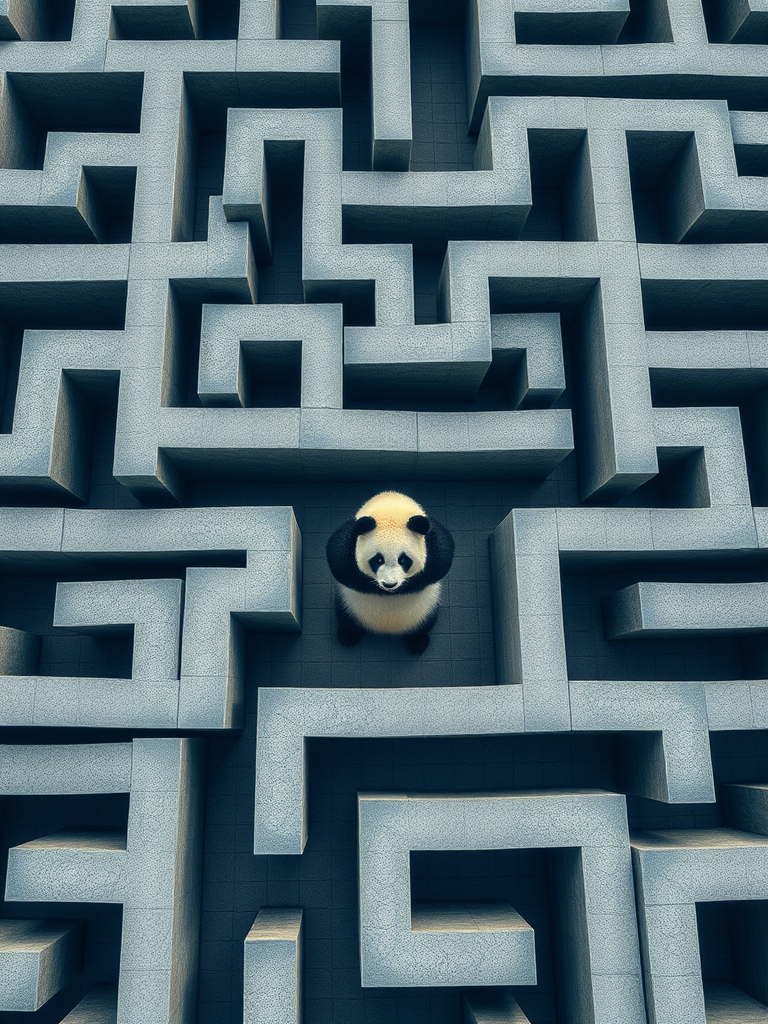 A birds eye view of a large maze. Inside the maze we can see a panda bear that is trying to escape the maze.