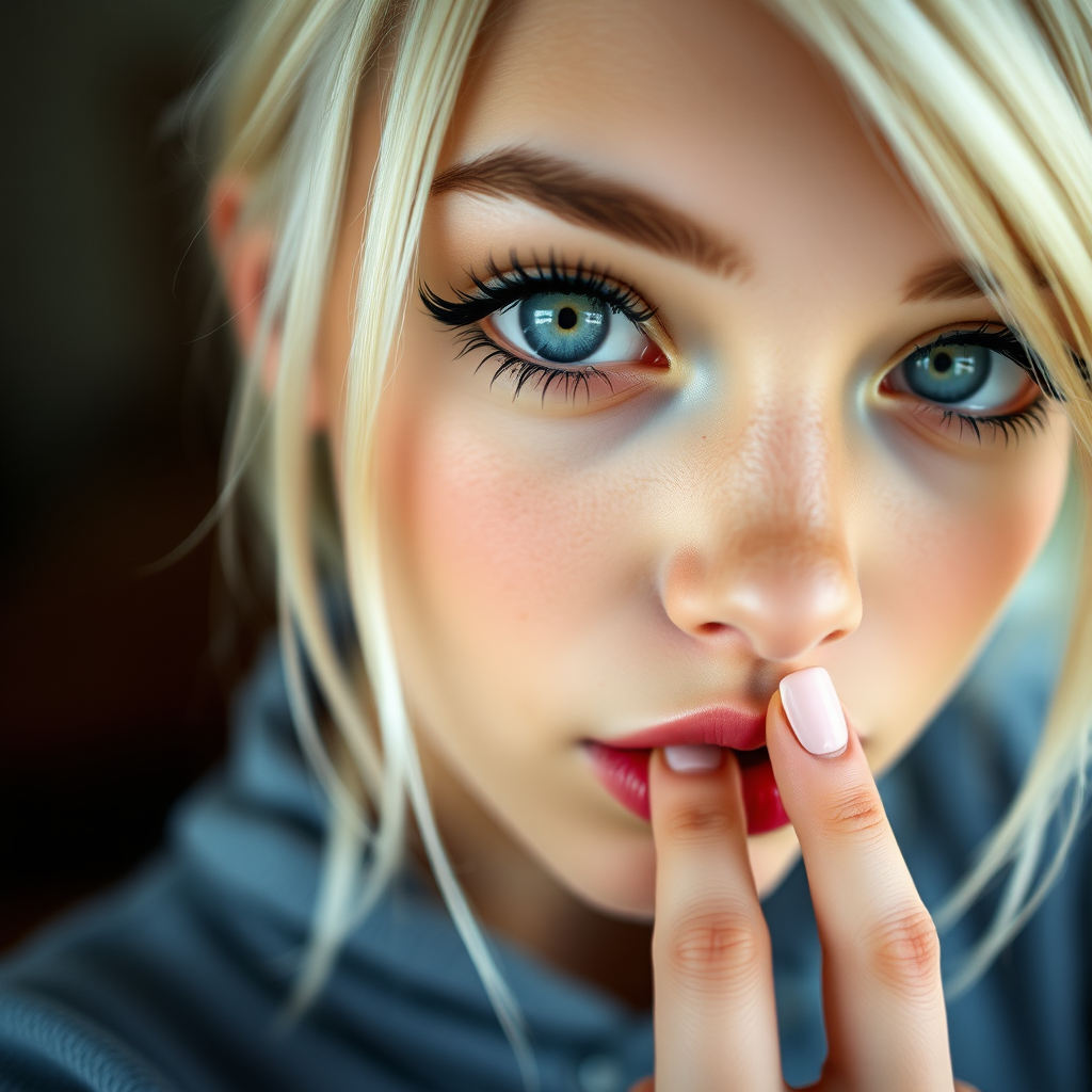 a young woman is holding her finger to her lips, 1girl, looking at viewer, blue eyes, blonde hair, solo focus, blurry, lips, eyelashes, blurry background, close-up, realistic. bleached blonde, black eyeliner, very large eyes, tanned skin.