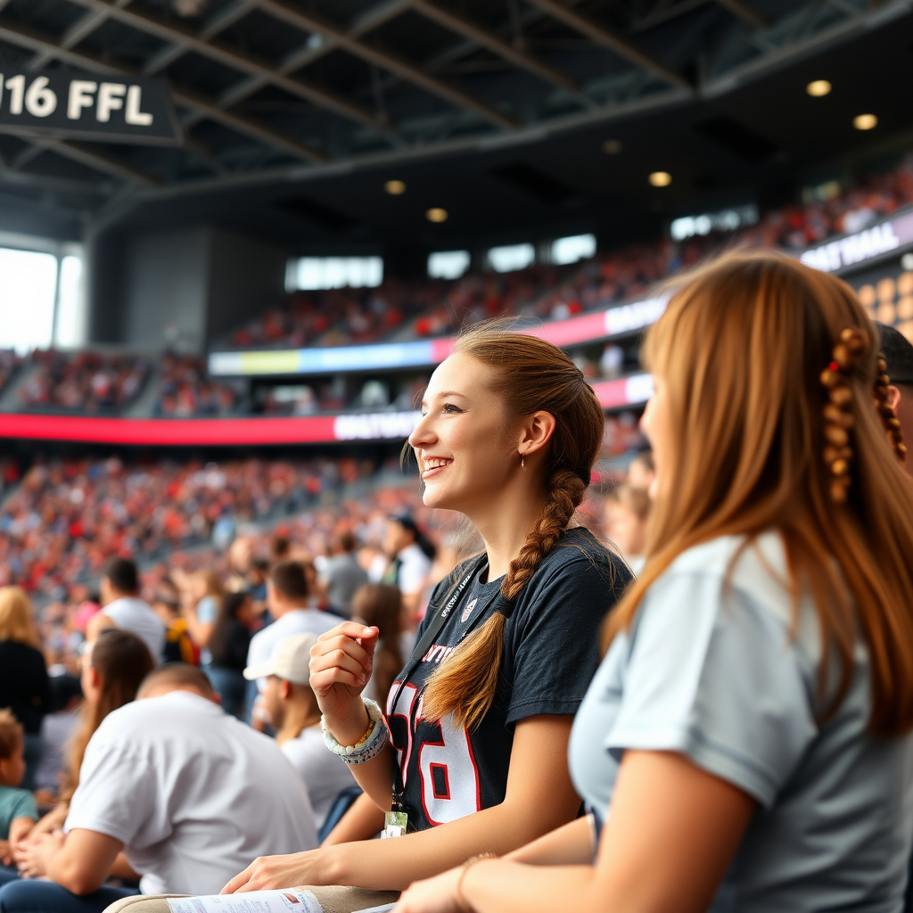 Attractive female NFL fan, pigtail hair, talking with friends, inside crowded bleachers, NFL stadium