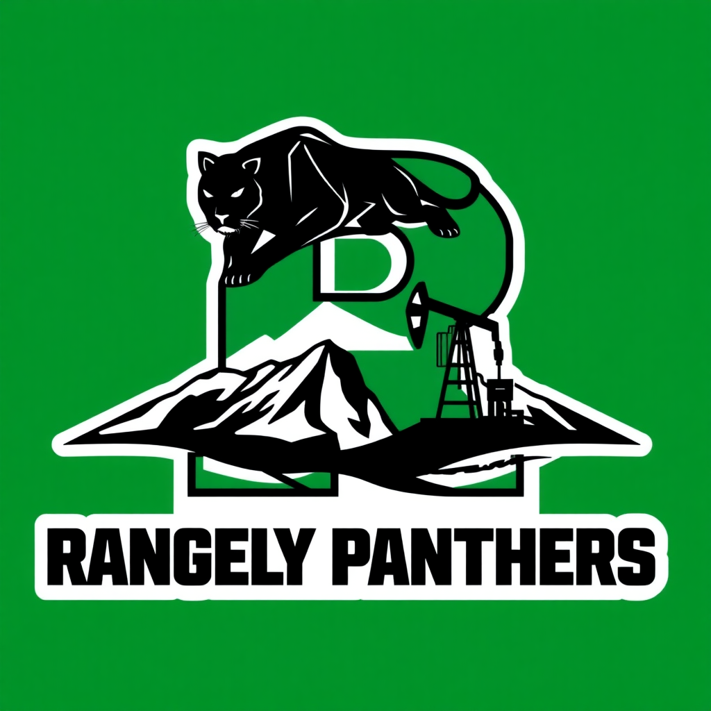 Generate a new logo for the Rangely Panthers in Colorado that includes the capital letter R, a black panther, foothills, and an oil pump. Make the R green.