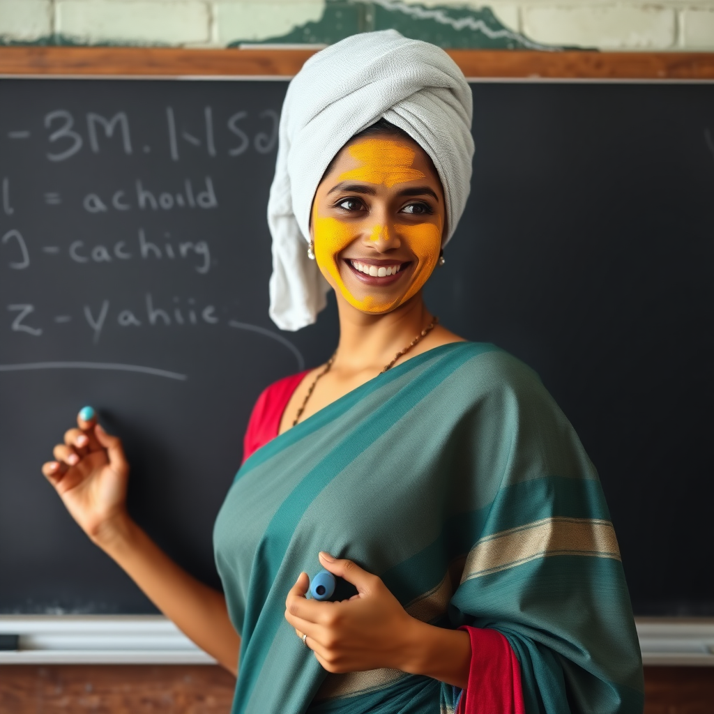 slim, 30 year old, sexy, indian female school teacher, saree, towel head, turmeric face mask. She is smiling and teaching on a blackboard