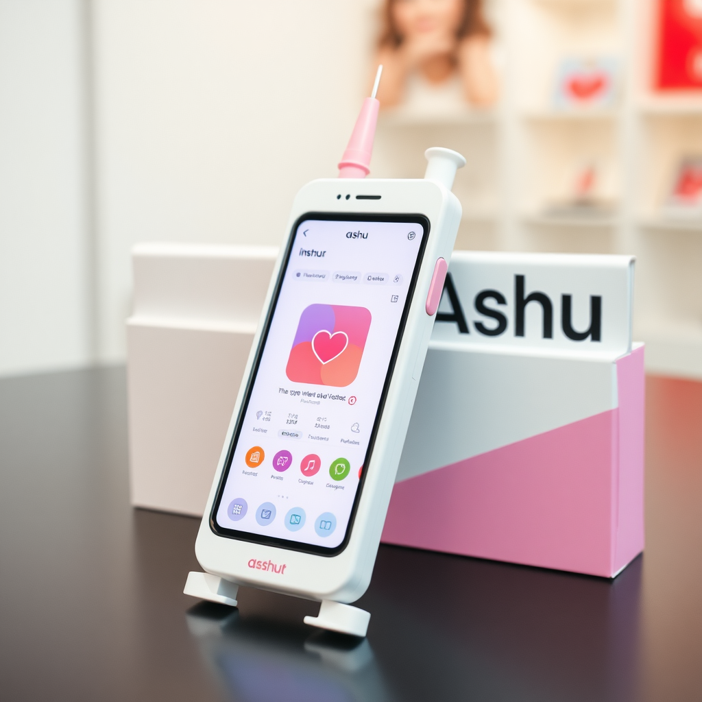 A close-up straight front view of a mobile phone in a shape inspired by a syringe, white pink futuristic, kept for sale leaning against a box with text Ashu and minimal design, in a showroom, touchscreen phone with Instagram page open on the screen, needle on top, whitepunk.