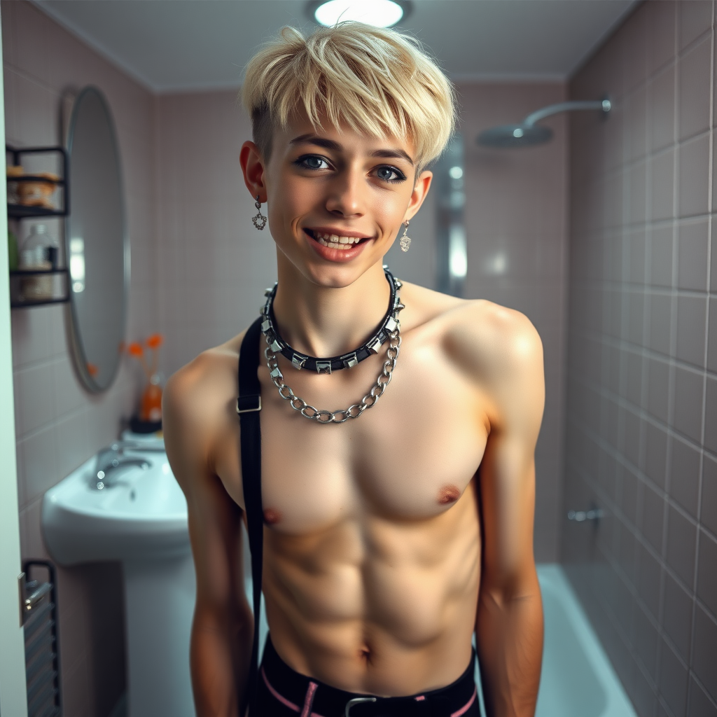 photorealistic, ultra high resolution, 16K, surreal fantasy, studio lighting, a pretty 16 year old goth boy, slim male physique, short blonde hair, goth makeup, earrings, pantyhose, harness, spikey dog collar and leash, trainer-bra, white ballet shoes, in the bathroom, excited smile, facing the camera.