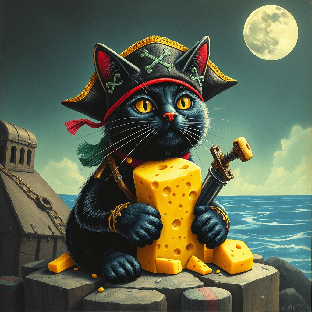 Black cat pirate with treasure cheese filled with cheese, metal album cover