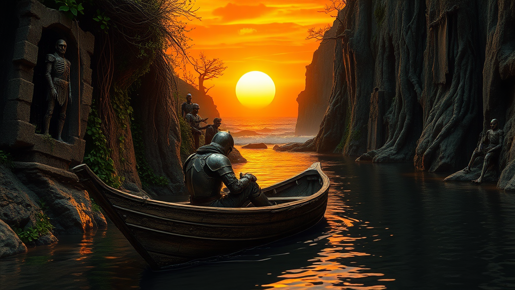 A cinematic still of a wounded knight, clad in battered armor, slumped against the prow of a small, weathered wooden boat. The boat is slowly drifting down a narrow river, the water dark and reflecting the fiery sunset. The river is framed by towering cliffs, their sheer faces etched with ancient ruins, overgrown with vines and gnarled trees. The ruins are partially obscured by thick foliage, with hanging skeletons and rusted warrior armors peeking through. On the riverbank, dark green mystical energy pulsates around figures of zombie knights, their armor rusted and their eyes burning with an unnatural glow. The sunset paints the sky in fiery hues, with a large, glowing sun sinking towards the horizon. The river gradually widens as it flows towards the ocean, glimpsed beyond the distant cliffs, its surface shimmering with the last rays of daylight.