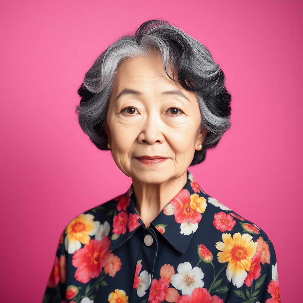 80 age old korean woman, front, flower shirt, photo studio background, Short permed hair, black and white hair