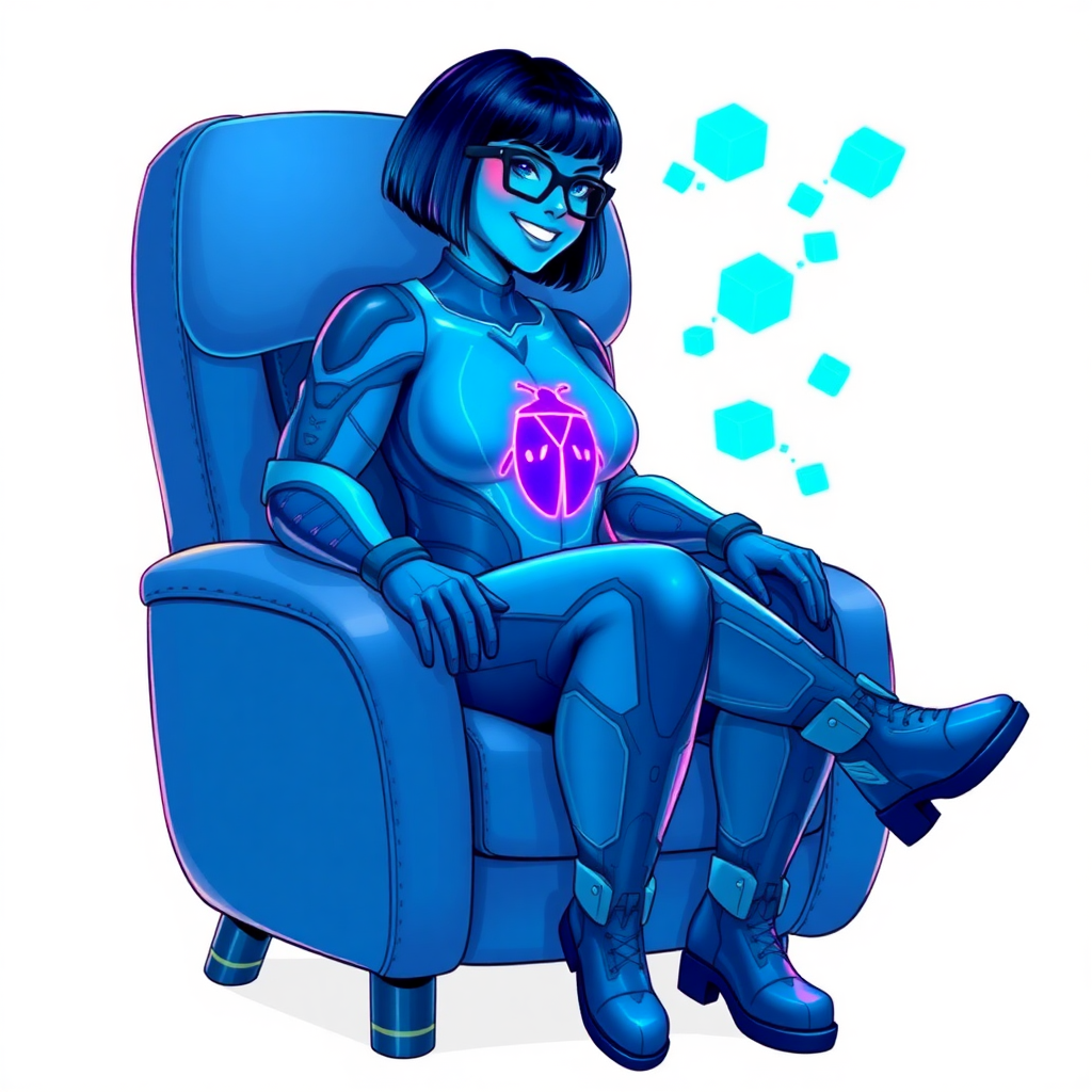 A heavily, extremely, and intensely pampered nerdy full-figured middle blue skinned digital sidekick, a 28-year-old computer major, has been transformed by her doting vigilante boyfriend. Her middle blue skin and bob cut seamlessly integrate with her data, and her neon blue eyes glow with intelligence. Her physique, now showcasing a gargantuan round midsection, massive limbs, and broad shoulders, contrasted by a slim face, clearly reflects her indulgence and pampering. Her full figure is prominently highlighted, with her prominent, gargantuan, round midsection and massive limbs emphasizing her pampered status. As the loyal and supportive sidekick, she plays a crucial role in their missions, using her digital prowess to assist and protect.

She wears a digital maximum blue bodysuit, featuring a neon blue glowing beetle chest icon, digital maximum blue boots, and matching high-tech gloves. She bashfully giggles with a neon red blush, emitting neon blue data cubes from her body. Her full figure, now gargantuan and heavily emphasized by her nerdy appearance, clearly shows how pampered she is. Her nerdiness is accentuated by her black oversized eyeglasses.

Her outfit, influenced by DC’s Jennifer Knight Phantom Lady, remains distinct. Adding to her pampering, she serves as his minicomputer, traveling in his high-tech wristwatch and supercar’s computer system. Using her ability to hack into computers and machines, she relays crucial knowledge relating to his missions.

In her new pose, she sits comfortably on a plush, high-tech maximum blue chair with one leg crossed over the other, her oversized glasses slightly askew as she adjusts them with a bashful smile. Her relaxed posture and content expression, combined with the glowing data cubes around her, clearly reflect her status as a heavily pampered, nerdy digital sidekick. Her prominent, gargantuan, rounded midsection and massive limbs are prominently displayed, emphasizing her indulgence and pampering while maintaining her nerdy physique. She is on a solid white background. She is drawn as if she was in a retro 2D cyberpunk fighting game.