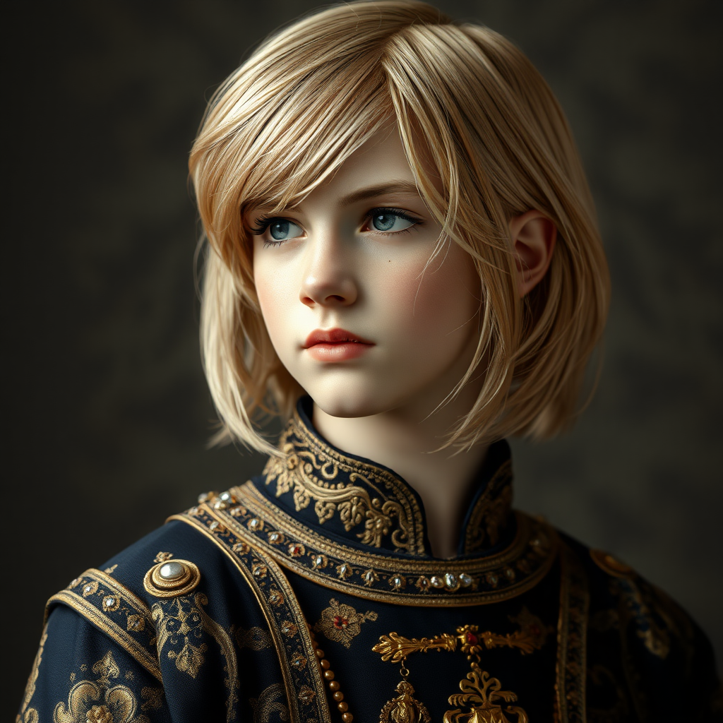 16yo teen boy prince, long bob cut, embroidered with gold and diamonds medieval cloths. 
photorealistic, ultra high resolution, 16K,