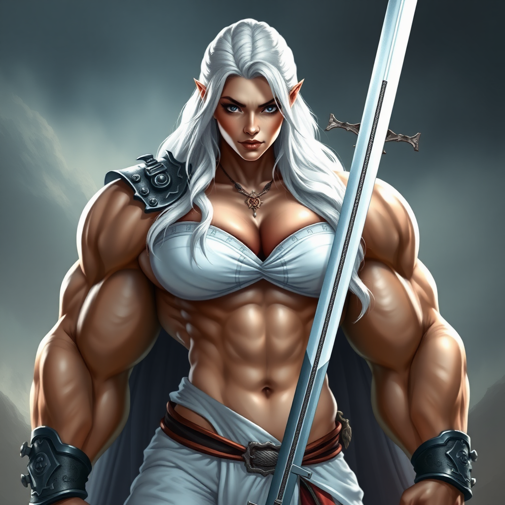 massive huge muscular jacked strong bodybuilder girl, white strapless dress, warrior princess, white hair, sword