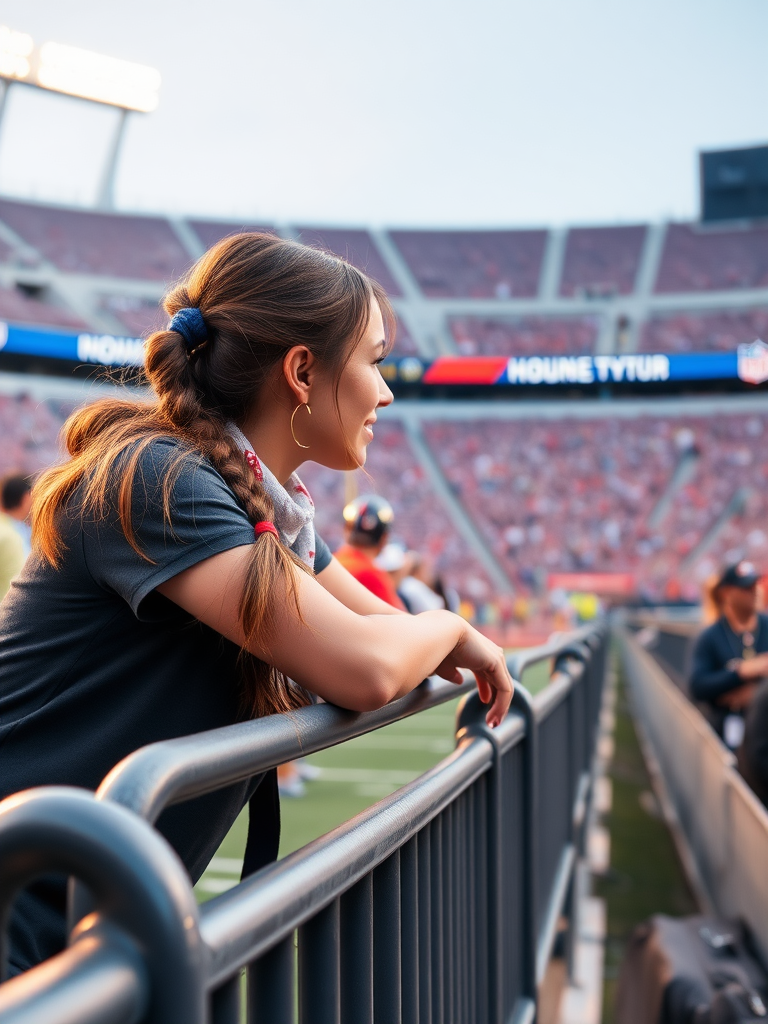 Attractive female NFL fan, pigtail hair, leaning forward over front row stadium barriers, fangirling over an NFL player who's on the field