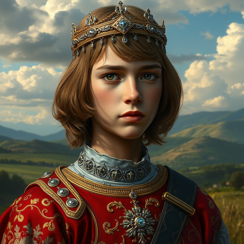 16yo teen boy prince, long bob cut, embroidered with gold and diamonds medieval cloths, diamond diadem, and Beautiful War. Free style by FLUX photorealistic. The background is in the style of landscape style by Antonio del Polaiolo, ultra high resolution, 16K,