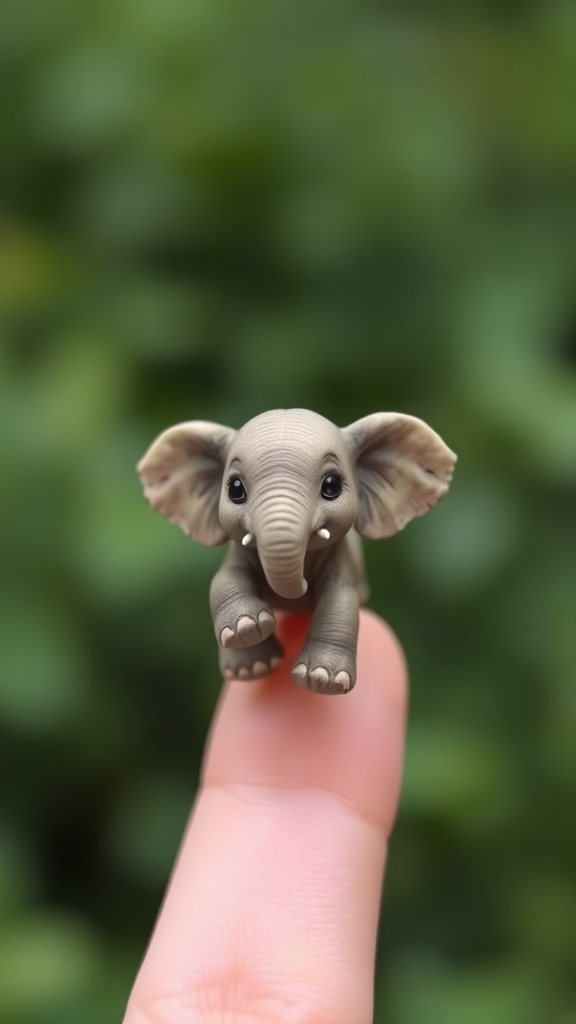 A cute tiny elephant miniature holding in two fingers.