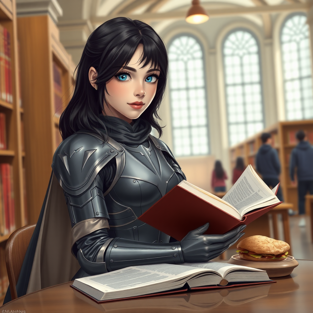 beautiful young woman, dark hair, past her shoulders, blue eyes, small, slim figure, wearing full leather armor suit, long cloak, reading a book at a table, with sandwich on the table, in a large school library.