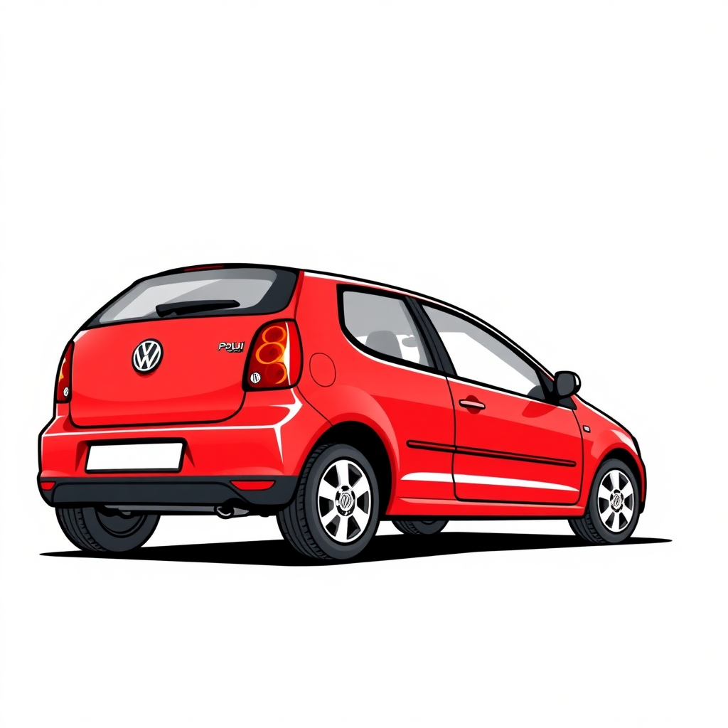 3 door red vw polo III car, long establishing shot, 2D, caricature, cartoon, Sketch lines, coloring book, coloring book style on white background, well composed, clean coloring book page, No dither, no gradient, strong outline, No fill, No solids, vector illustration, realistic proportions, left side view