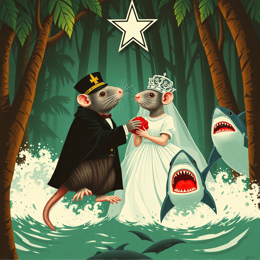 A rat wedding being attacked by sharks, Catholic, Soviet propaganda poster, no text, Lovecraftian, in the rainforest