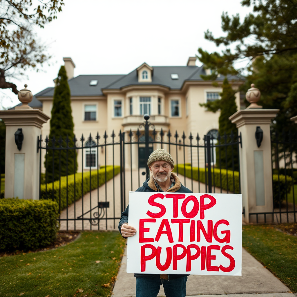 A protester in front of a gated mansion with a sign that reads "Stop Eating Puppies"