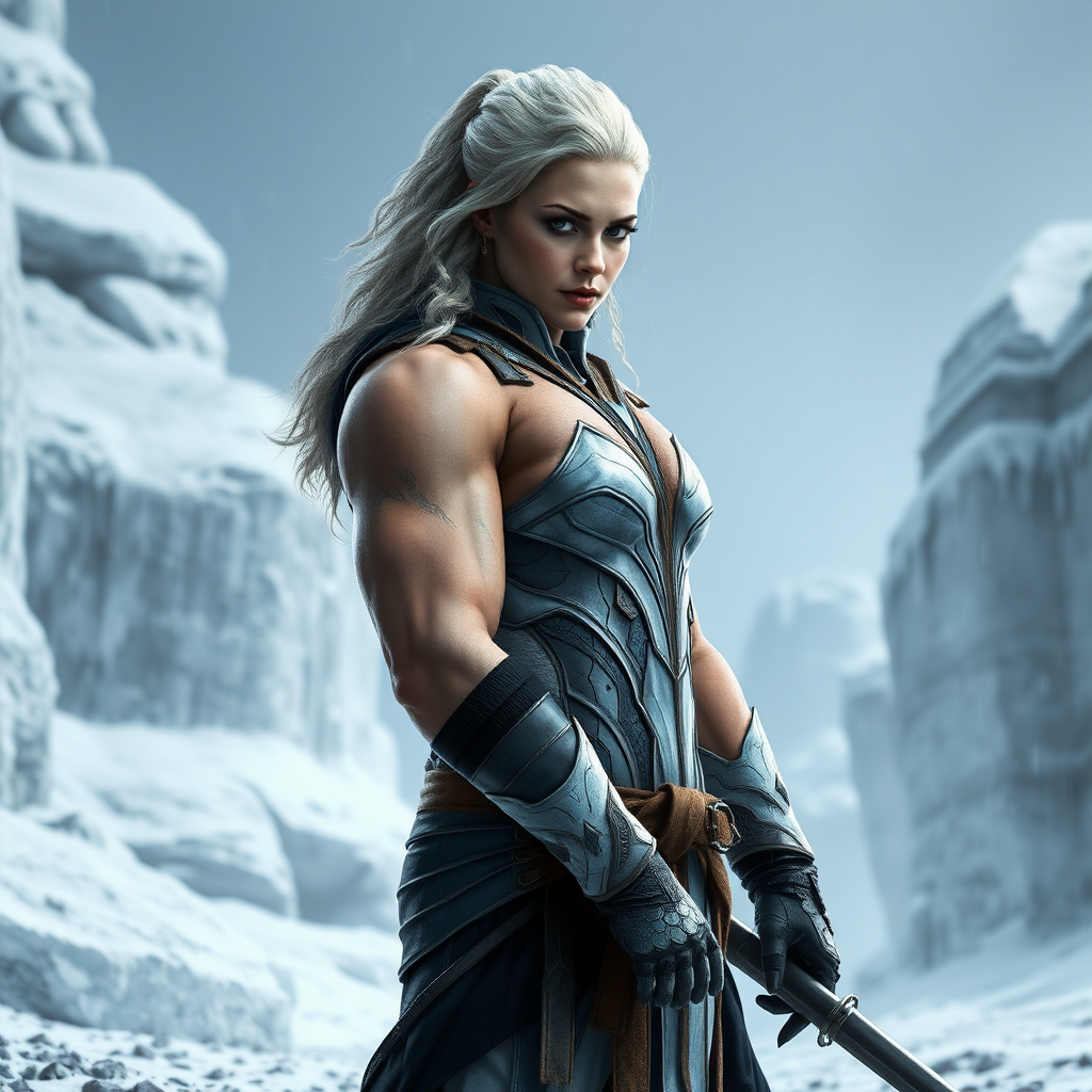 Generate a full-length photorealistic image of a composite character blending Emma Frost's head, hairstyle, and facial features onto the male body type of Marcus Fenix. Retain Emma Frost's costume, but alter it to fit the new muscular body. Blend elements from both characters for the background: a mix of futuristic and medieval aesthetics, incorporating icy and gritty textures. Ensure the scene appears seamless and natural, highlighting the power and elegance of the combined character.