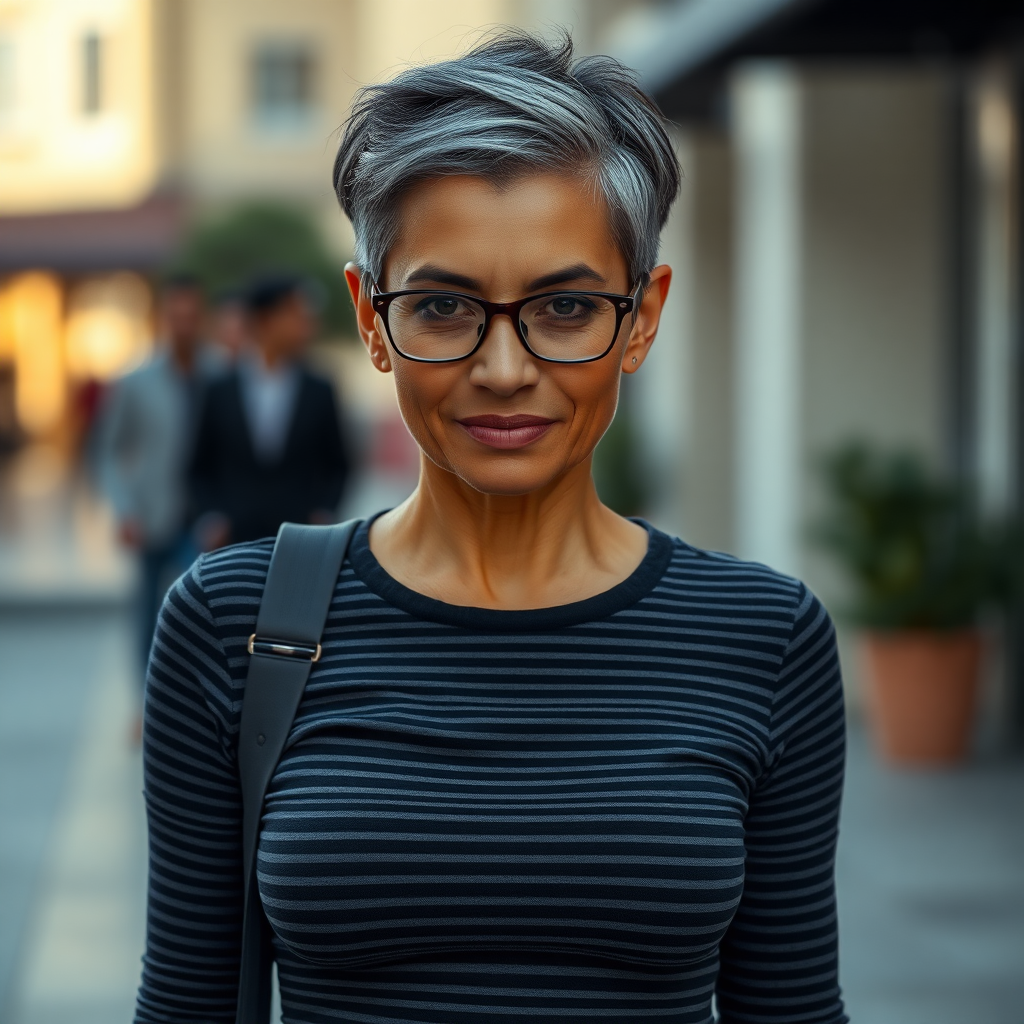 sexy Woman, 35 Years old, European, Latina, sharp aquiline nose, wrinkles, high cheekbones, Middle Eastern, Skinny, Tanned skin, Dark light skin, Makeup, Serious face, frowning, smiling, Ash dark grey hair, bowl haircut, Slicked short hair, Short hair, black eye color, Glasses, detailed features, tight striped shirt, tight jeans, long legs, high heels sandals, White hair, walking, full body, long establishing shot