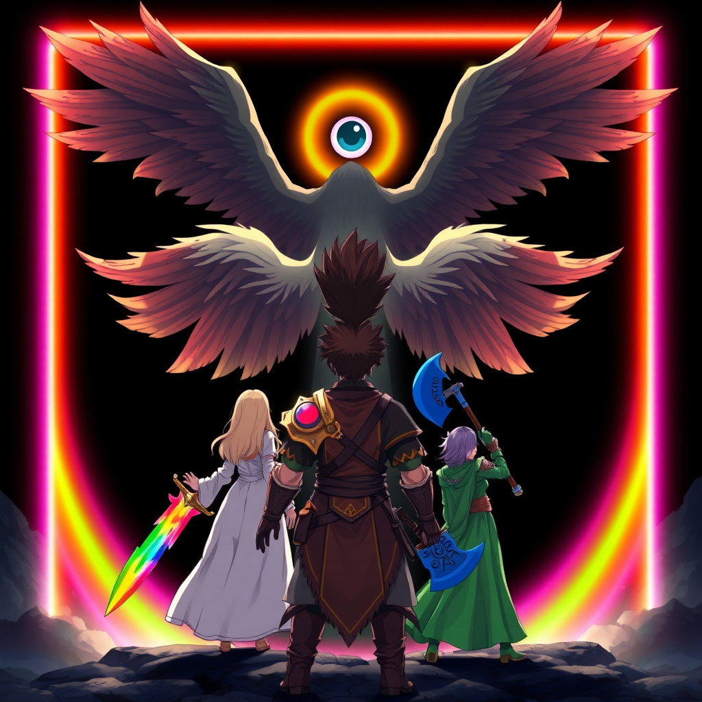 (Anime-styled art) Set against a dark black backdrop, a radiant, rainbow-like barrier shimmers with vibrant hues, illuminating the scene. At the center, a massive entity looms—an unsettling yet angelic figure with a single, malevolent eyeball. Its four wings are spread wide, and its gaze is fixed downward. In the foreground, the badass backside view of a warrior with dark brown fohawk hair stands confidently, gripping a rainbow-colored flaming sword. Alongside him, three others stand ready backside: a mage with long blonde hair in flowing white robes, a fierce purple-haired warrior wielding a massive blue axe backside, and a woman with striking green hair and green-robes, completing the team as they face the menacing presence.