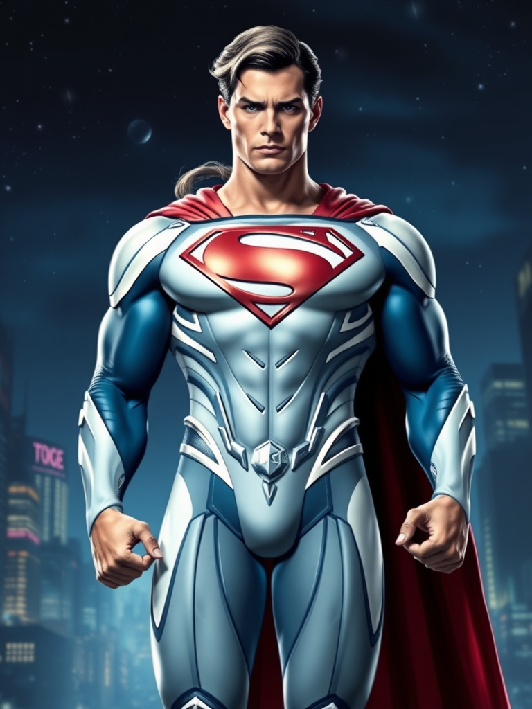 Create a full-length image of a character combining Superman's head with the body type of Emma Frost. Maintain Superman's facial features while transforming his physique to resemble Emma's. Integrate elements or embellishments from Emma Frost's costume, such as her signature white accents or styling, into Superman's outfit, ensuring a cohesive design. The background should reflect a suitable environment that blends elements of both characters' universes, such as a cityscape infused with a fantastical touch or a dramatic night sky. Focus on bringing out the unique attributes of both icons in this imaginative fusion.