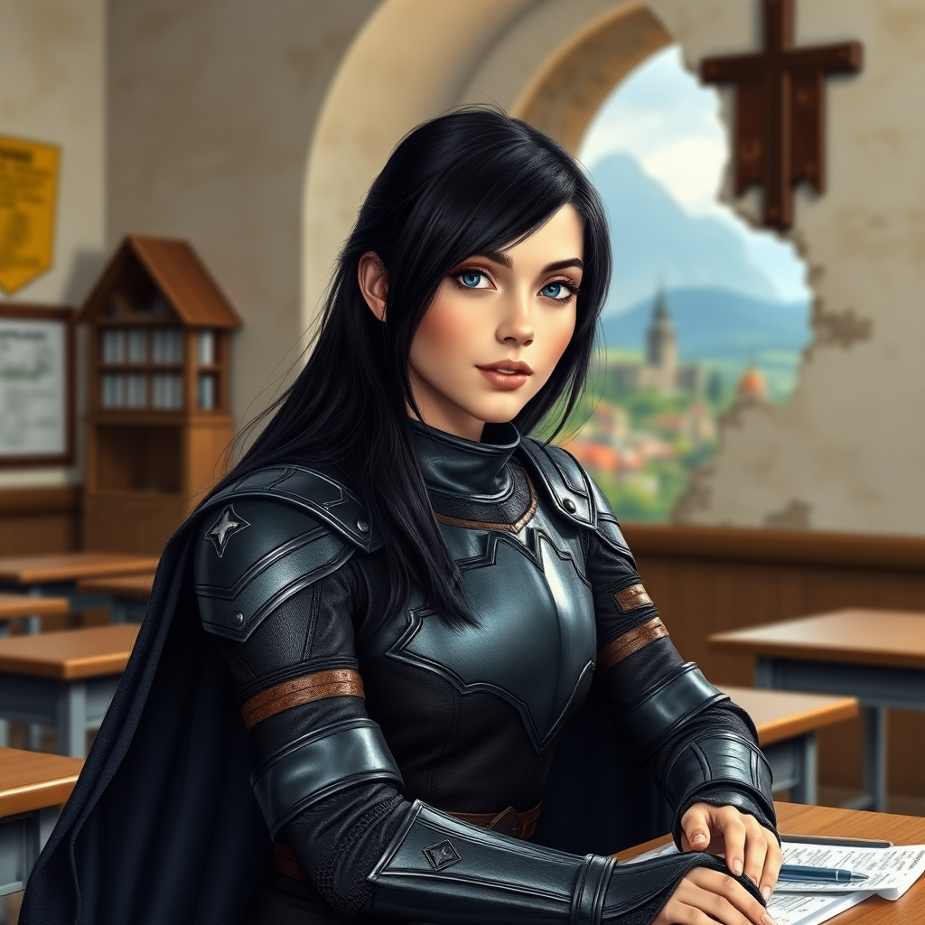 beautiful young woman, dark hair past her shoulders, blue eyes, small, slim figure, wearing full leather armor suit with long cape, sitting in a school classroom at student desk with the wall missing with a beautiful medieval village in the background.