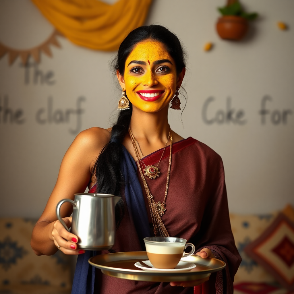 slim, 30 year old, sexy, traditional indian wife, turmeric face mask. She is smiling and serving coffee on a tray to guests.