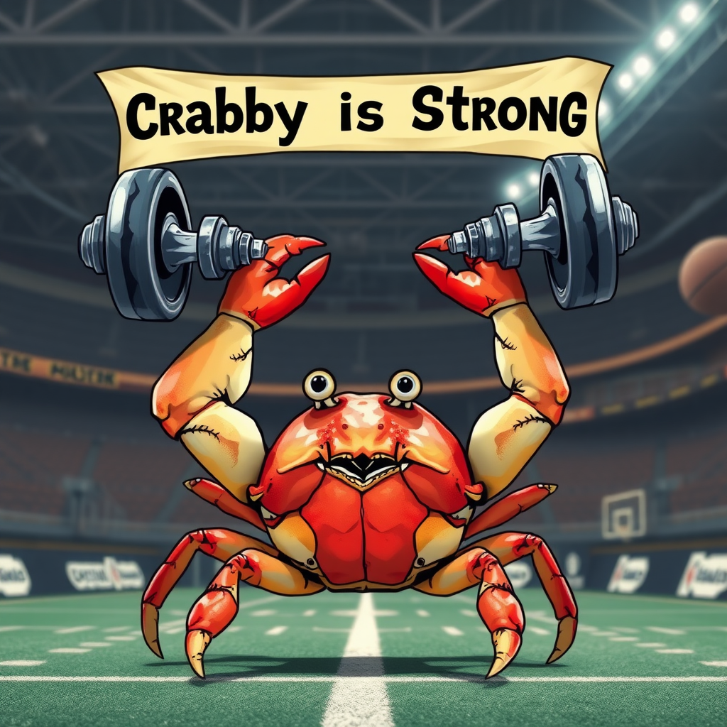 A crab lifting weights over his head with his claws in a sport arena with a banner overhead that says "Crabby is Strong"