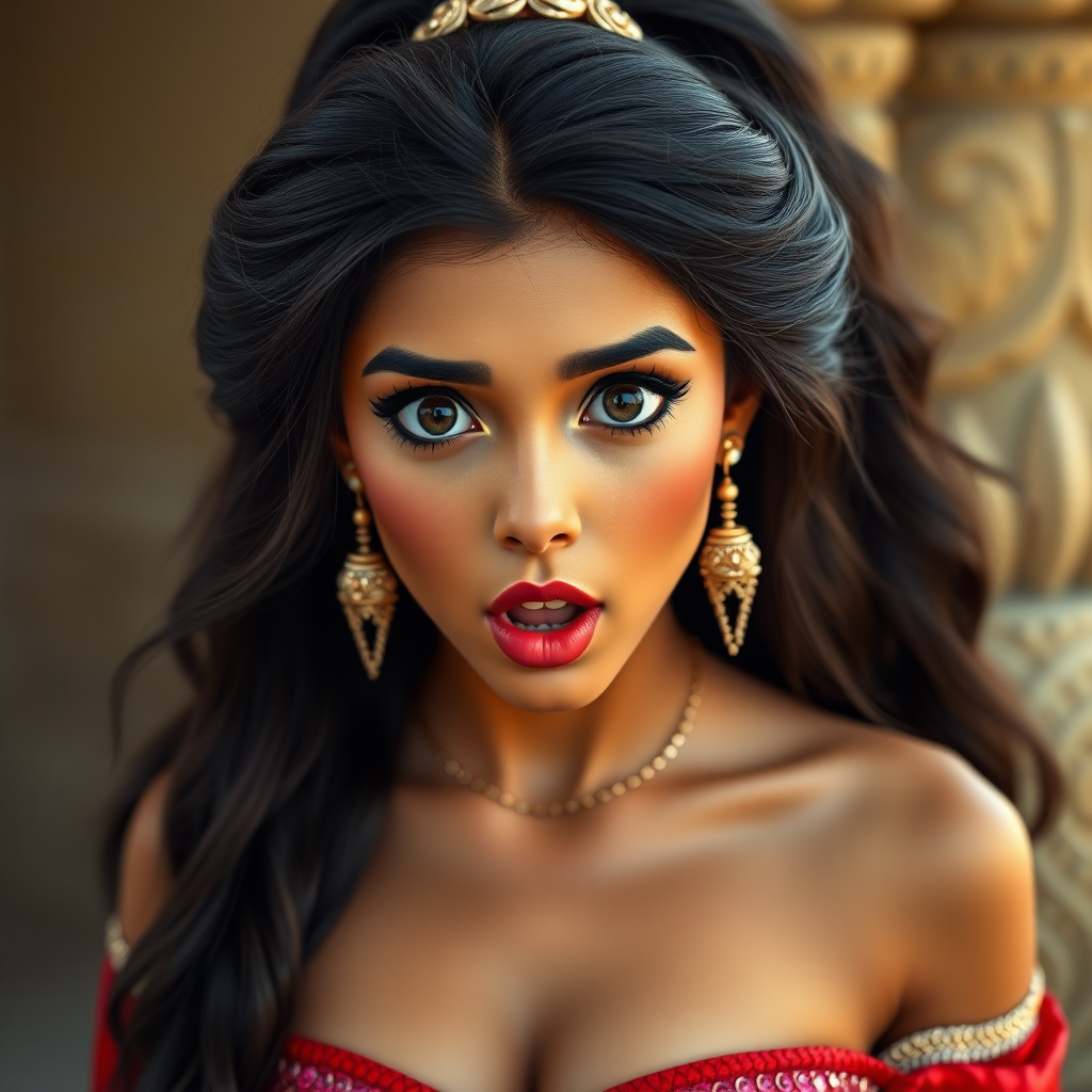 surprised Arabian girl with mouth open. She has very large eyes, black eyeshadow, black eyeliner, fake eyelashes, very tanned skin, very long hair. very high ponytail, princess jasmine, red off shoulder shinny crop top. photo realistic