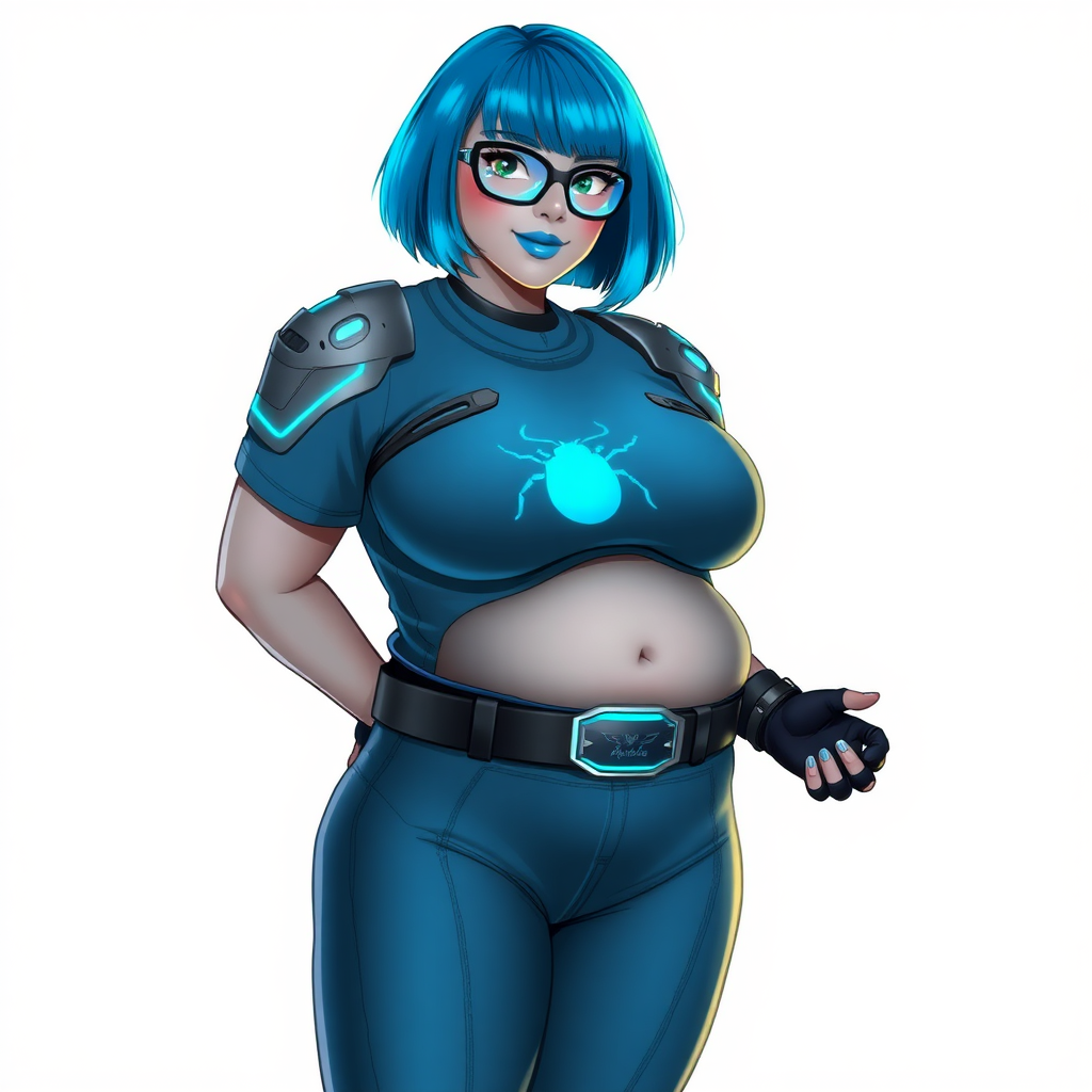 A 28-year-old, full-figured, metallic light neutral gray (N7) skinned computer program hybrid with a maximum blue bob cut. She has a non-athletic build, highlighted by a prominent, round, large midsection (with full emphasis on her large belly), which shows the effects of her love of junk food acquired from her boyfriend. As the full-figured, nerdy, digital sidekick to her cyberpunk vigilante boyfriend, her metallic light neutral gray skin and maximum blue lipstick (5PB 5/12) emphasize her digital nature. Her skin has a subtle, animated glow, with digital patterns occasionally flickering across it, making her digital nature obvious. She wears a digital, computerized costume, consisting of a huge, tight-fitting, maximum blue t-shirt (5PB 5/12) with a neon blue glowing chest icon of a beetle, hi-tech shoulder pads with neon blue accents, a black hi-tech belt with a digital neon blue glowing buckle, digital maximum blue biker pants (5PB 5/12) with neon blue accents, and black hi-tech fingerless biker gloves with neon blue glowing accents. Her neon blue glowing eyes, black eyeglasses with neon blue glowing lenses equipped with a built-in HUD, and bashful smile with neon red blush accentuate her nerdiness. She stands bashfully with one hand behind her back and the other hand gently touching her cheek, her costume covering all her skin and fully emphasizing her full-figured physique (especially her large belly). She is clearly non-athletic, with a full focus on her full-figured physique. Despite her build, she radiates beauty. She has a slim face compared to her physique, accentuating her radiant beauty. She is on a solid white background. She is drawn as if she were in a retro 2D cyberpunk fighting game.