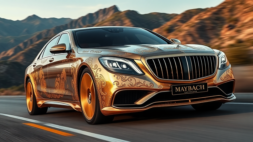 futuristic maybach s680 sedan, A luxurious, gold-plated car adorned with intricate, ornate designs and carvings. The vehicle features prominent headlights and a distinctive front grille, showcasing a fusion of elegance and extravagance. Set against a backdrop of mountains road motion blur